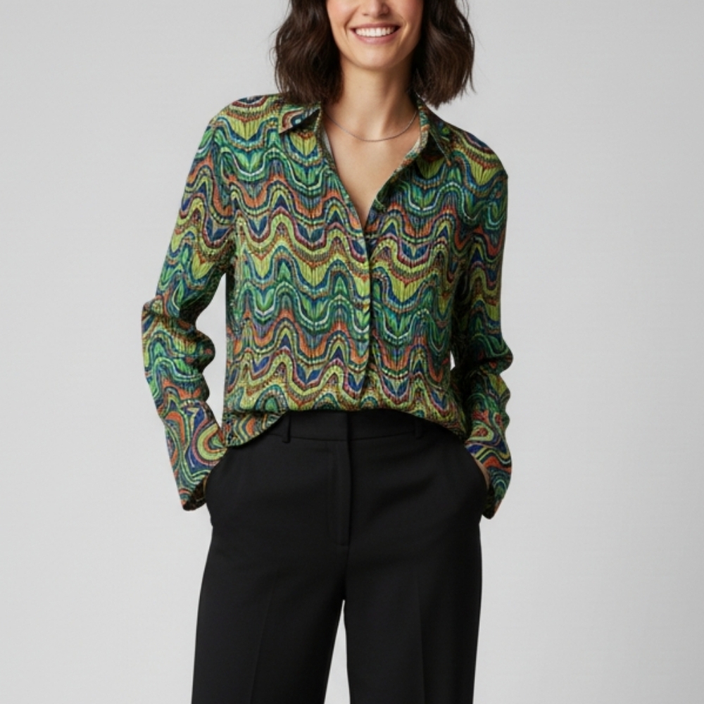 Vintage Y2k Psychedelic Rainbow Plisse Crinkle Button Up Top Maximalist‎